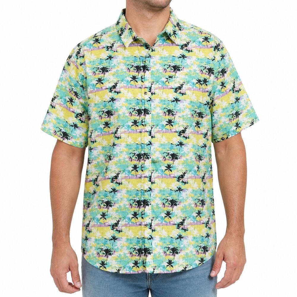 Coastal Shirt Mens XL Green Yellow Hawaiian Palm Tree Cotton Classic Button-Up